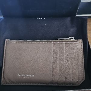 SAINT LAURENT Grained Calfskin 5 Fragments Zip Pouch Card Holder Tan